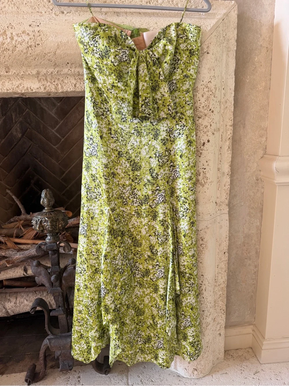 Cinq a Cept Green Silk Floral Dress with Spaghetti Straps